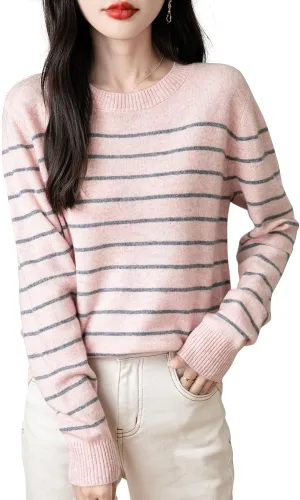 Women's 100% Merino Wool Sweater 2025 Fall Winter Crew Neck Striped Long Sleeve Warm Soft Knit Sweater