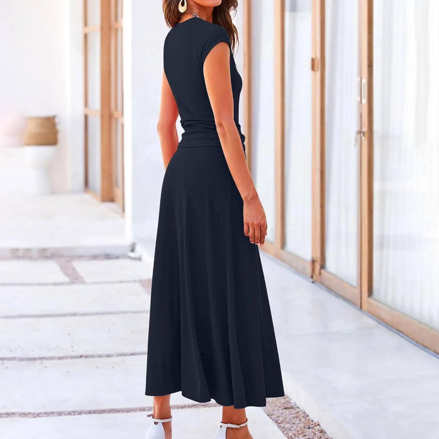Women's 2 Piece Maxi Skirt Sets Summer Sets Pants Suits Dressy Elegant Long Sleeve Outfits High Waisted Long Outfit