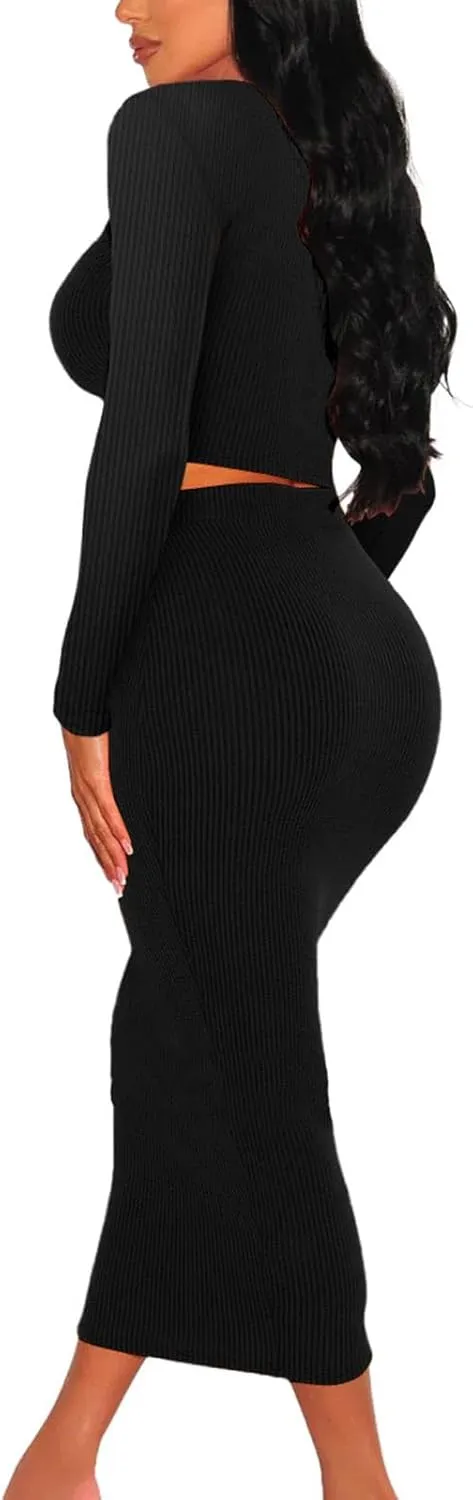Womens 2 Piece Outfits Knit Sexy Trendy Casual Sets Long Sleeve Crop Tops Bodycon Maxi Long Skirt Knit Dresses