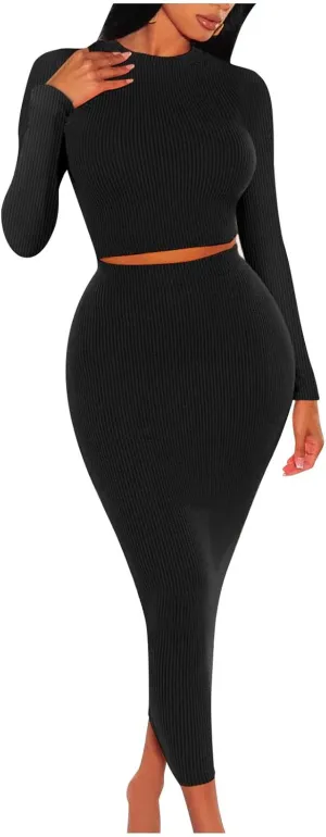 Womens 2 Piece Outfits Knit Sexy Trendy Casual Sets Long Sleeve Crop Tops Bodycon Maxi Long Skirt Knit Dresses