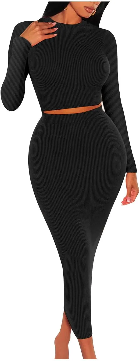 Womens 2 Piece Outfits Knit Sexy Trendy Casual Sets Long Sleeve Crop Tops Bodycon Maxi Long Skirt Knit Dresses