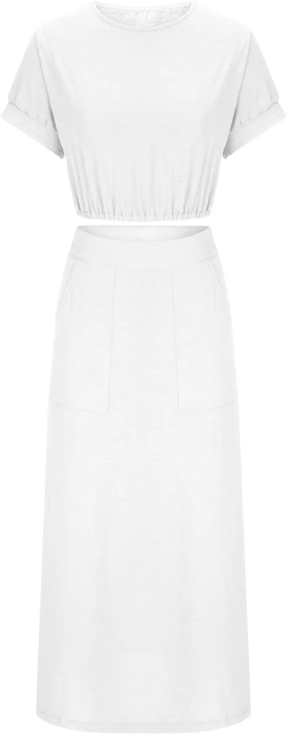 Womens 2 Piece Outfits Summer Short Sleeve Crew Neck Crop Tops Elastic Waist Split Hem Maxi Skirts Set with Pockets