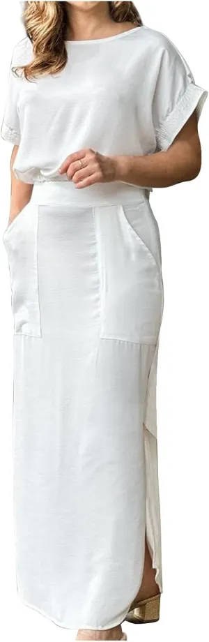 Womens 2 Piece Outfits Summer Short Sleeve Crew Neck Crop Tops Elastic Waist Split Hem Maxi Skirts Set with Pockets