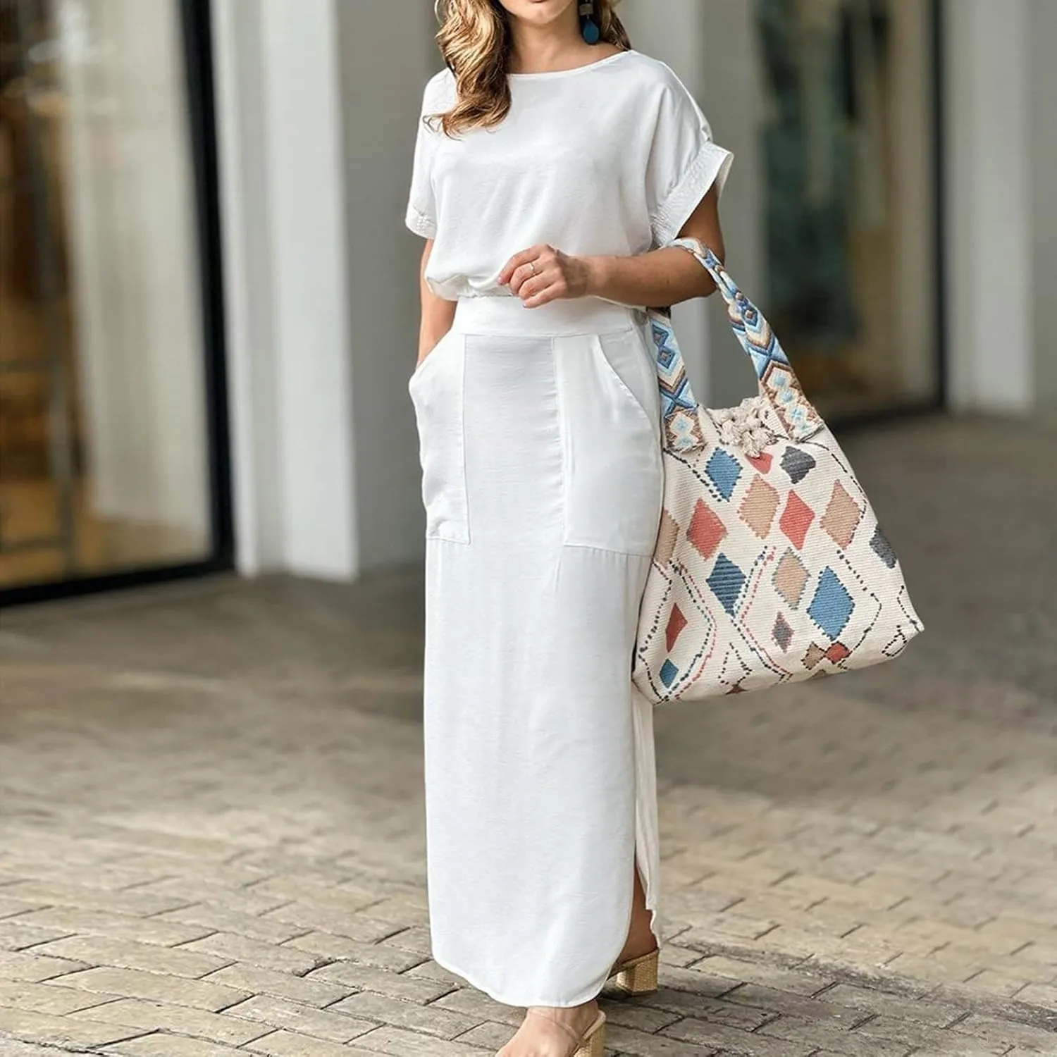 Womens 2 Piece Outfits Summer Short Sleeve Crew Neck Crop Tops Elastic Waist Split Hem Maxi Skirts Set with Pockets