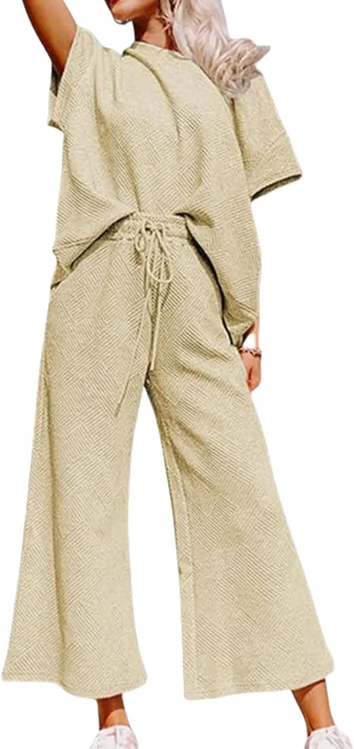Womens 2 Piece Outfits Textured Short Sleeve Tops and Drawstring Wide Leg Pants Sets Loose Flowy Jogger Tracksuit