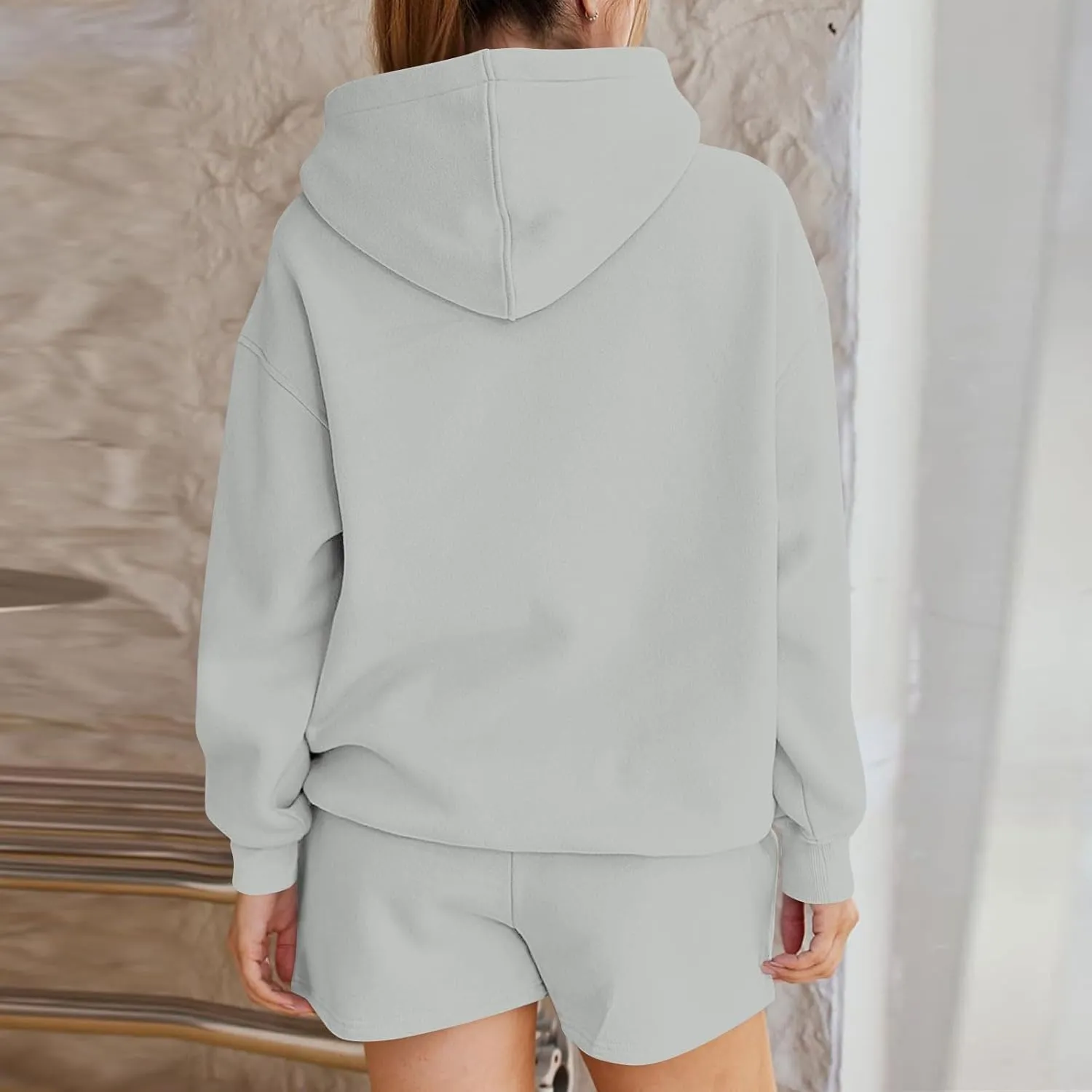Women's 2024 Fall Oversized 2 Piece Outfits Lounge Hoodie Sweatsuit Lounge Sets Casual Top and Shorts with Pockets