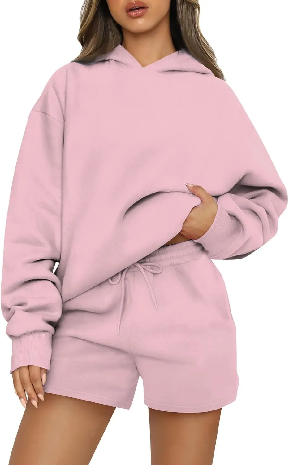 Women's 2024 Fall Oversized 2 Piece Outfits Lounge Hoodie Sweatsuit Lounge Sets Casual Top and Shorts with Pockets