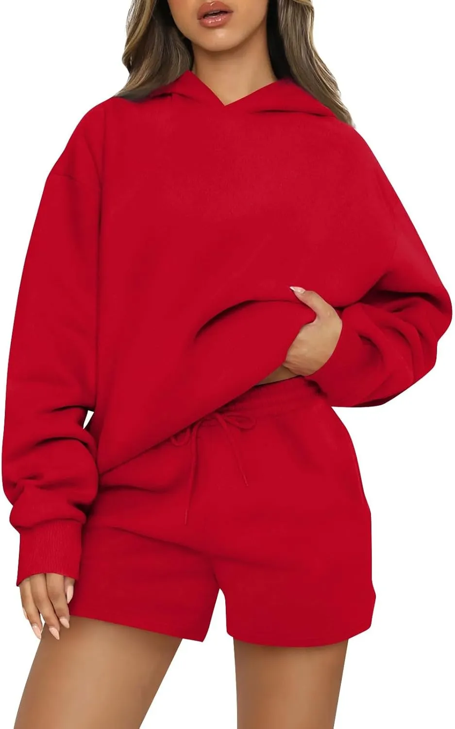 Women's 2024 Fall Oversized 2 Piece Outfits Lounge Hoodie Sweatsuit Lounge Sets Casual Top and Shorts with Pockets