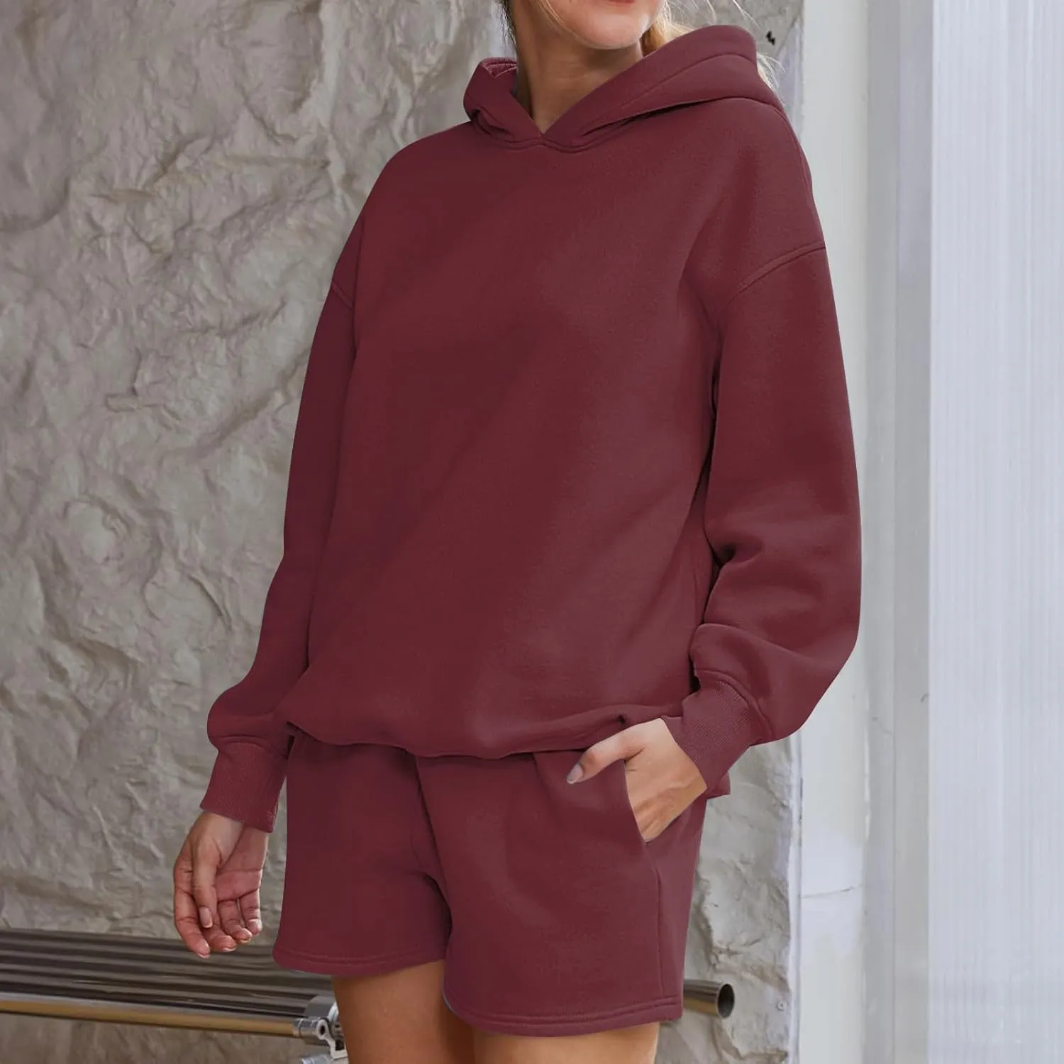 Women's 2024 Fall Oversized 2 Piece Outfits Lounge Hoodie Sweatsuit Lounge Sets Casual Top and Shorts with Pockets