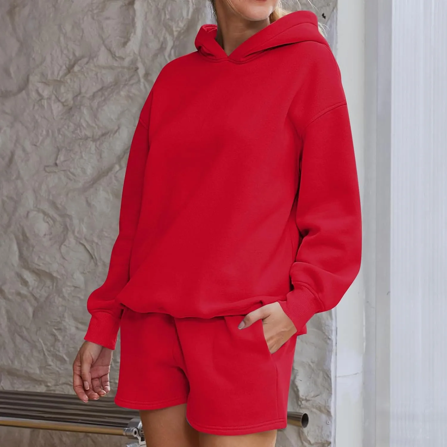 Women's 2024 Fall Oversized 2 Piece Outfits Lounge Hoodie Sweatsuit Lounge Sets Casual Top and Shorts with Pockets