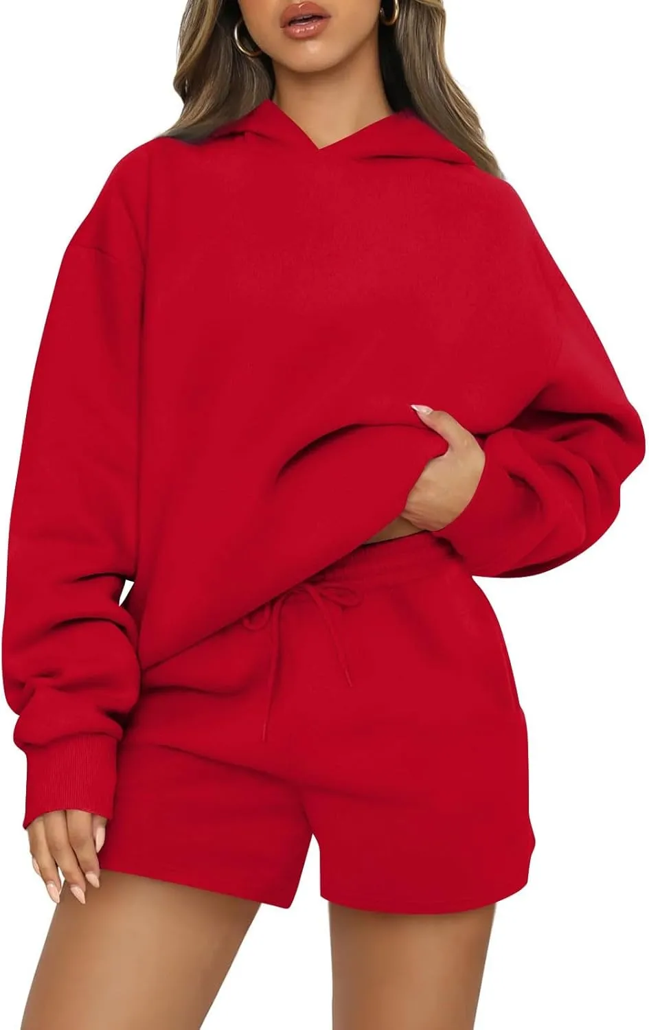 Women's 2024 Fall Oversized 2 Piece Outfits Lounge Hoodie Sweatsuit Lounge Sets Casual Top and Shorts with Pockets