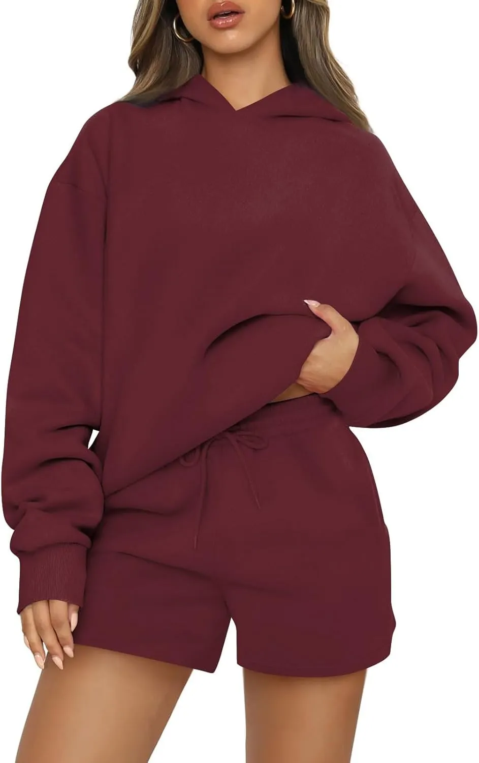 Women's 2024 Fall Oversized 2 Piece Outfits Lounge Hoodie Sweatsuit Lounge Sets Casual Top and Shorts with Pockets
