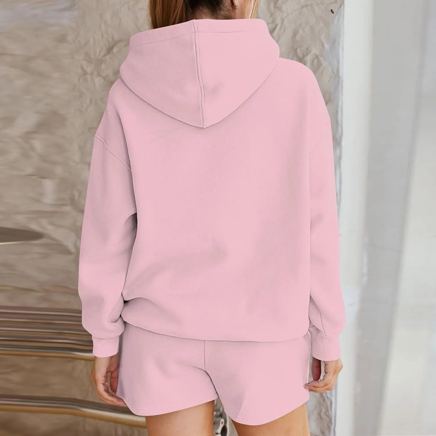 Women's 2024 Fall Oversized 2 Piece Outfits Lounge Hoodie Sweatsuit Lounge Sets Casual Top and Shorts with Pockets