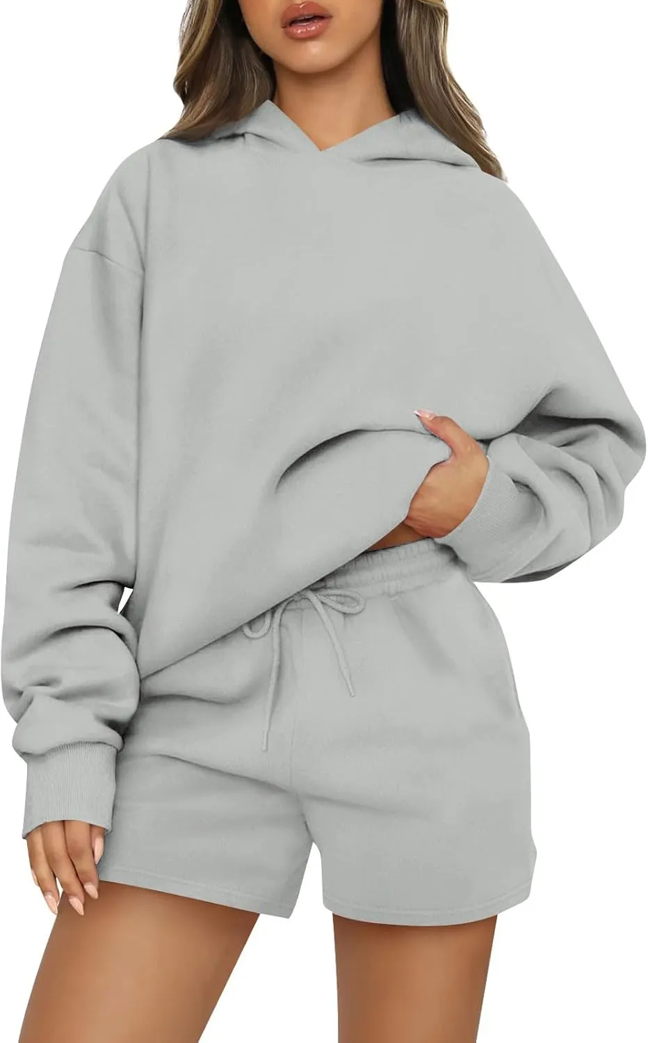 Women's 2024 Fall Oversized 2 Piece Outfits Lounge Hoodie Sweatsuit Lounge Sets Casual Top and Shorts with Pockets