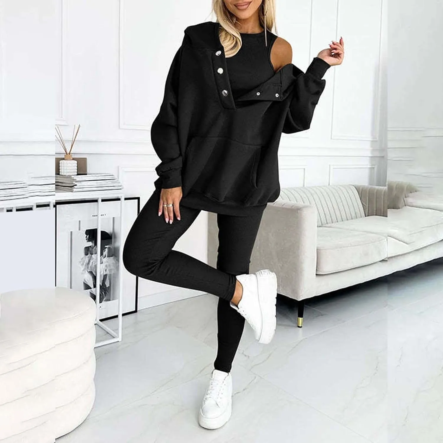 Womens 3 Piece Sports Outfits Lounge Hoodie Sweatsuit Sets Oversized Sweatshirt Baggy Fall Slim Trousers Vest Sweatpants