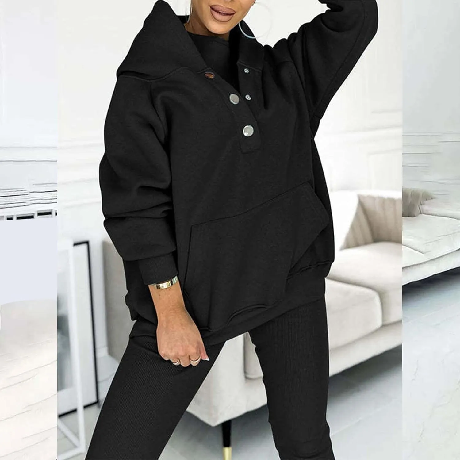 Womens 3 Piece Sports Outfits Lounge Hoodie Sweatsuit Sets Oversized Sweatshirt Baggy Fall Slim Trousers Vest Sweatpants