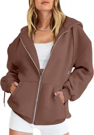 Women's Blank Hoodies Zip Up Long Sleeve Hooded Sweatshirts Oversized Loose Casual Jackets with Pockets Fall Outfits