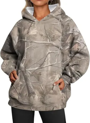 Womens Camo Hoodie Maple Leaf Print Oversized Hooded Sweatshirt Fashion Y2K Hoodies Cute Trendy Fall Clothes Pockets