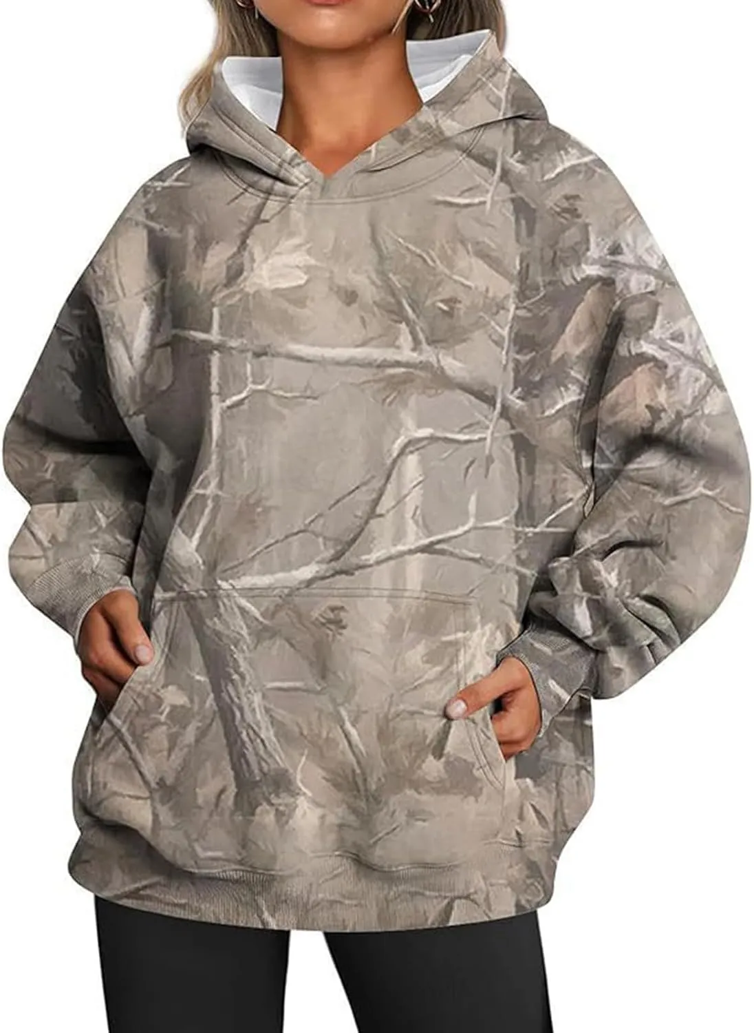 Womens Camo Hoodie Maple Leaf Print Oversized Hooded Sweatshirt Fashion Y2K Hoodies Cute Trendy Fall Clothes Pockets