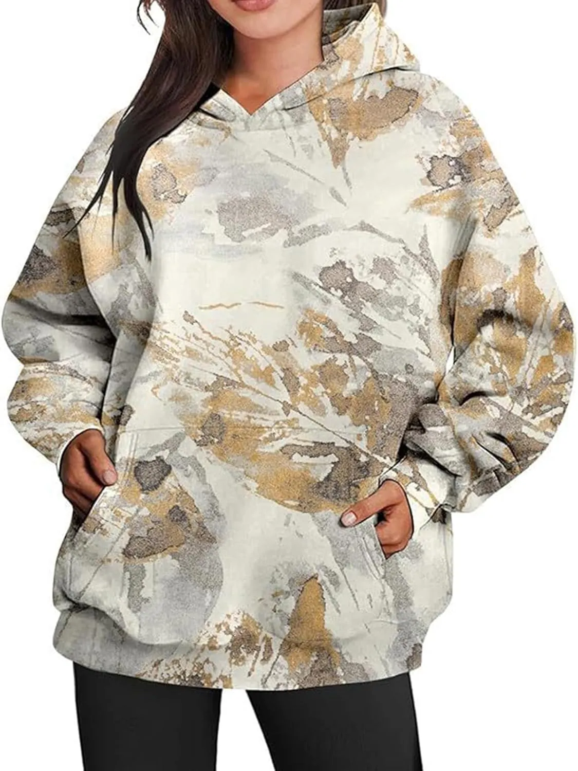 Womens Camo Hoodie Maple Leaf Print Oversized Hooded Sweatshirt Fashion Y2K Hoodies Cute Trendy Fall Clothes Pockets