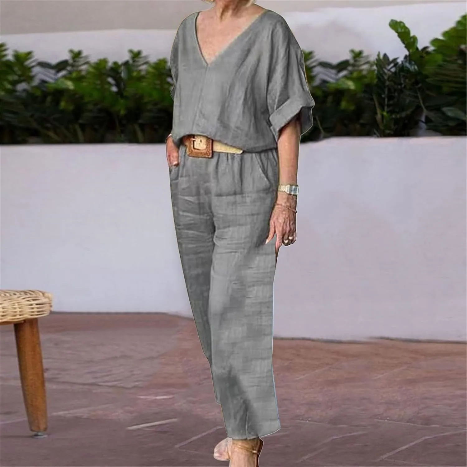 Women's Cotton and Linen Casual Two-Piece Set Summer Oversized Short Sleeve T Shirts V Neck Top Loose Capri Pant Sets