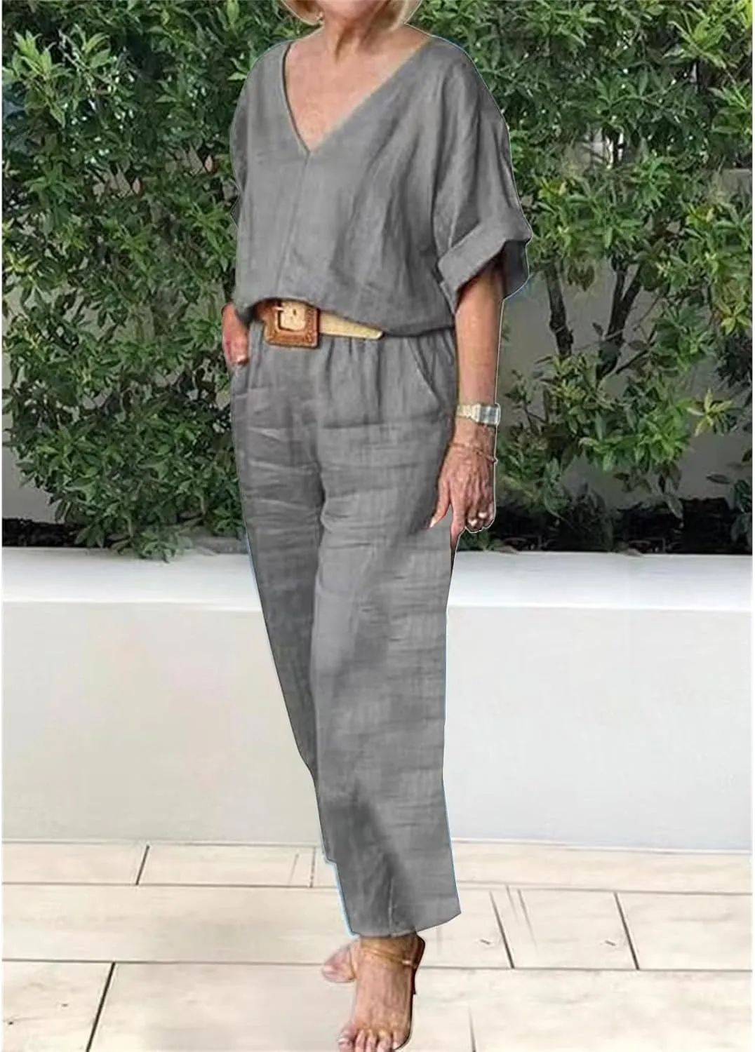 Women's Cotton and Linen Casual Two-Piece Set Summer Oversized Short Sleeve T Shirts V Neck Top Loose Capri Pant Sets