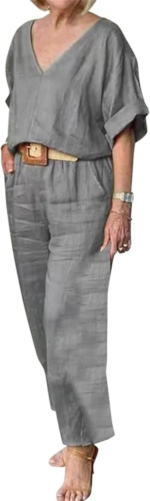 Women's Cotton and Linen Casual Two-Piece Set Summer Oversized Short Sleeve T Shirts V Neck Top Loose Capri Pant Sets