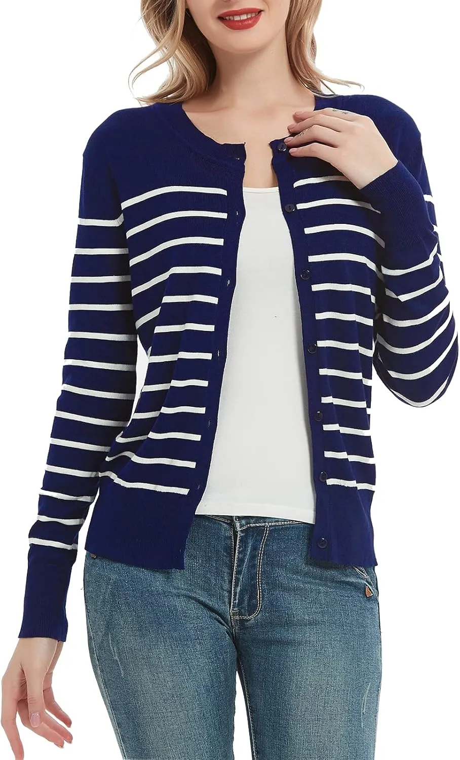 Women's Crew Neck Button Down Long Sleeve Cardigan Sweater