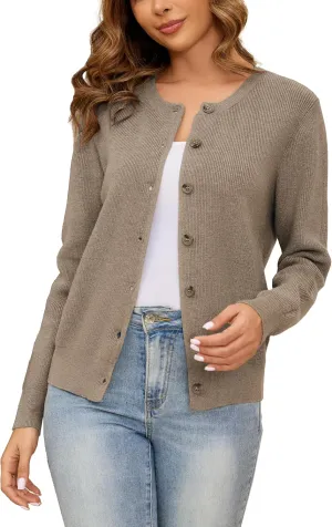 Women's Crew Neck Cardigan Button Down Long Sleeve Soft Knit Sweater Top Outwear Coat