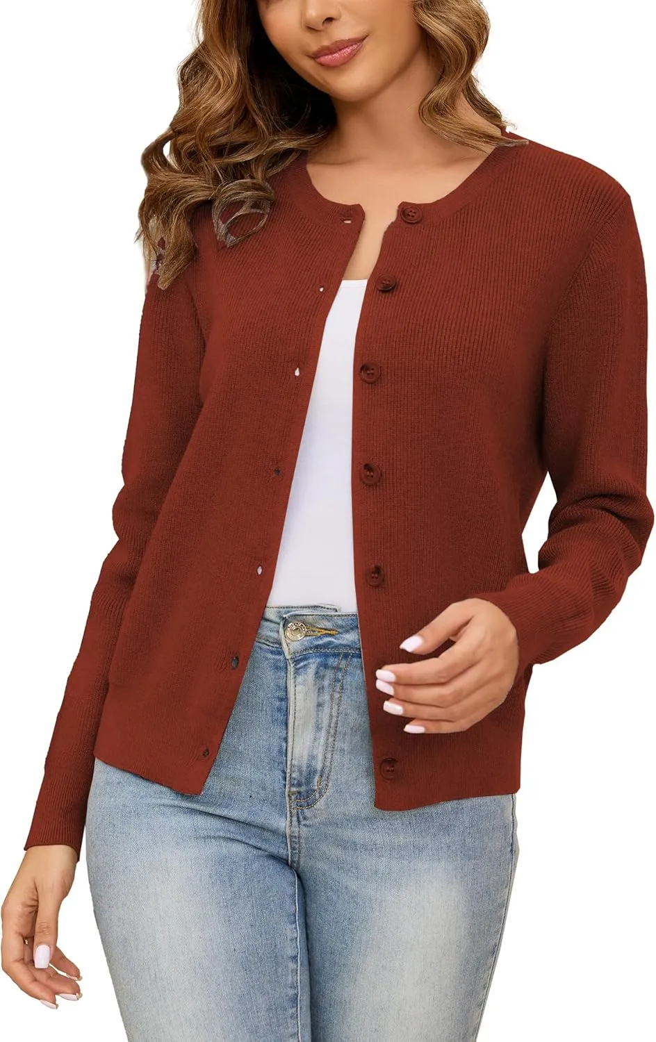 Women's Crew Neck Cardigan Button Down Long Sleeve Soft Knit Sweater Top Outwear Coat
