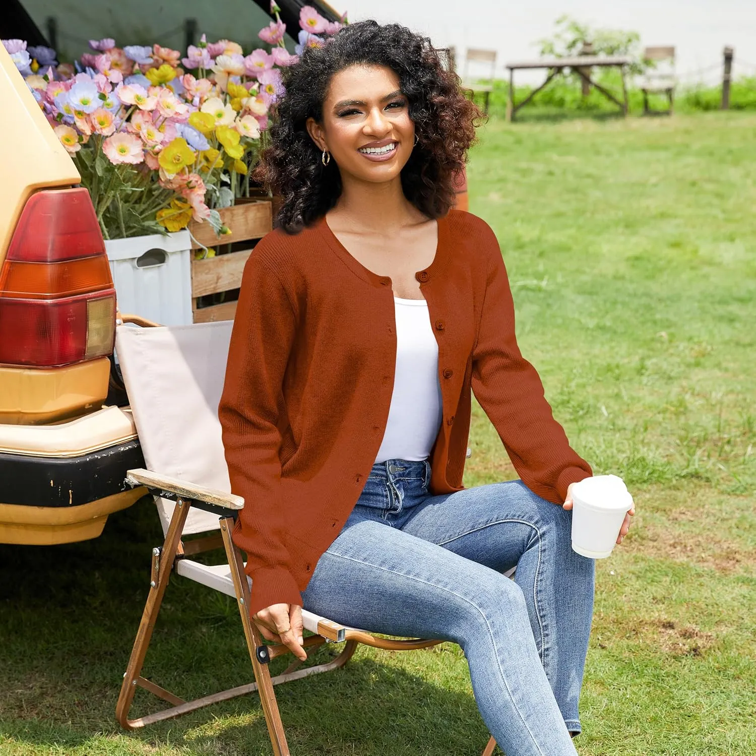 Women's Crew Neck Cardigan Button Down Long Sleeve Soft Knit Sweater Top Outwear Coat