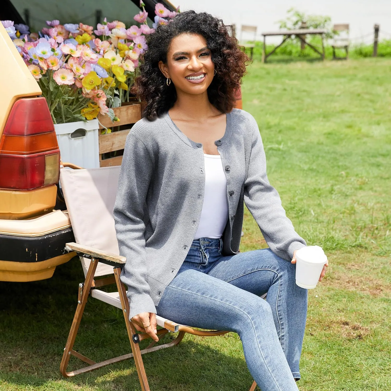 Women's Crew Neck Cardigan Button Down Long Sleeve Soft Knit Sweater Top Outwear Coat