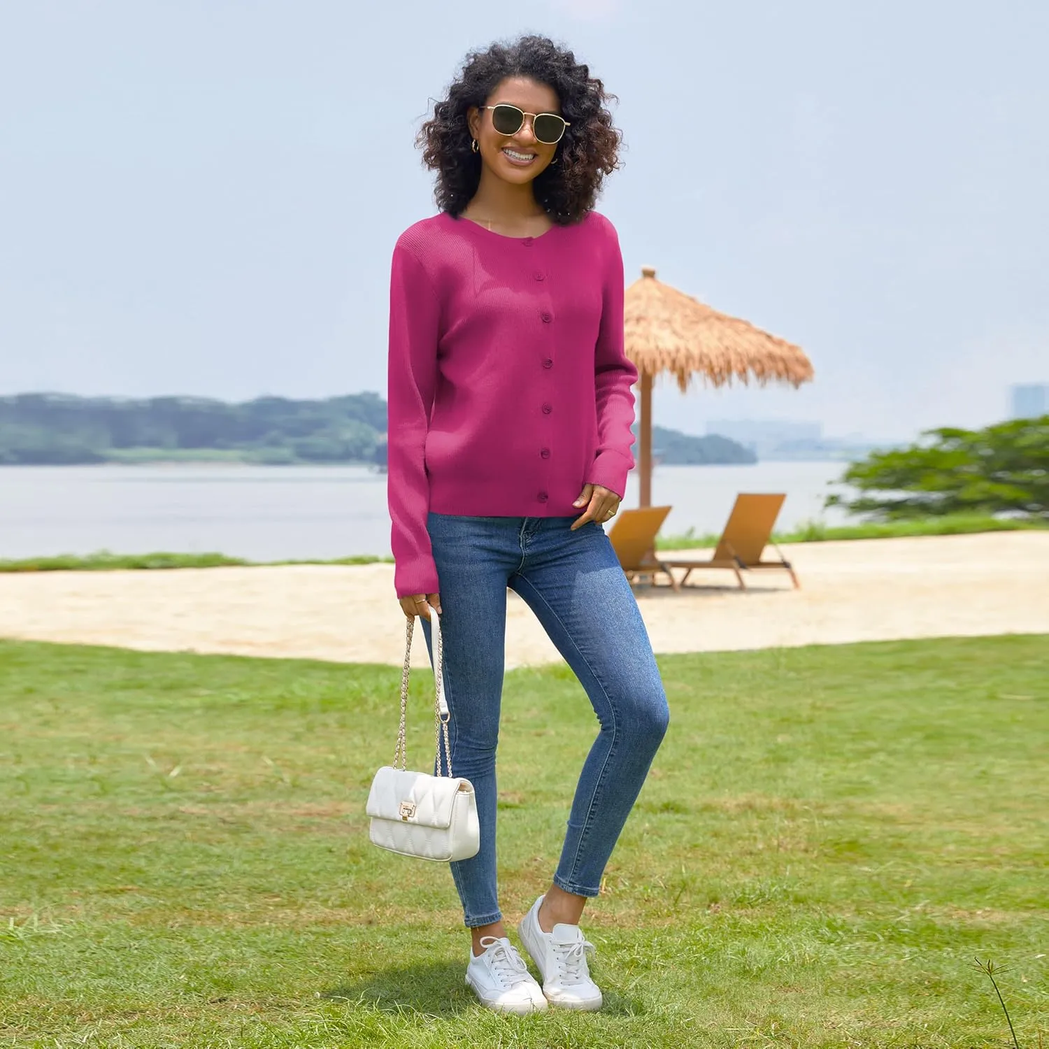 Women's Crew Neck Cardigan Button Down Long Sleeve Soft Knit Sweater Top Outwear Coat