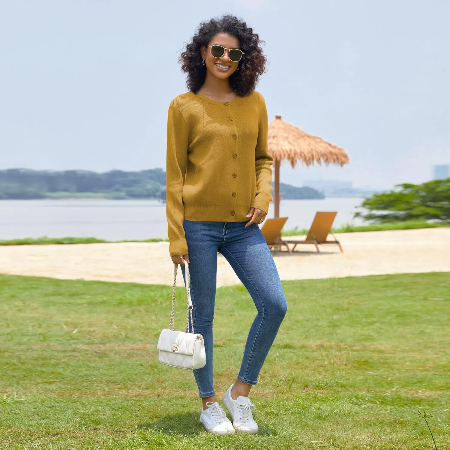 Women's Crew Neck Cardigan Button Down Long Sleeve Soft Knit Sweater Top Outwear Coat
