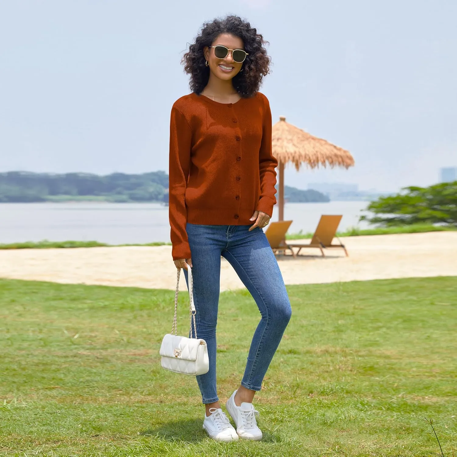 Women's Crew Neck Cardigan Button Down Long Sleeve Soft Knit Sweater Top Outwear Coat