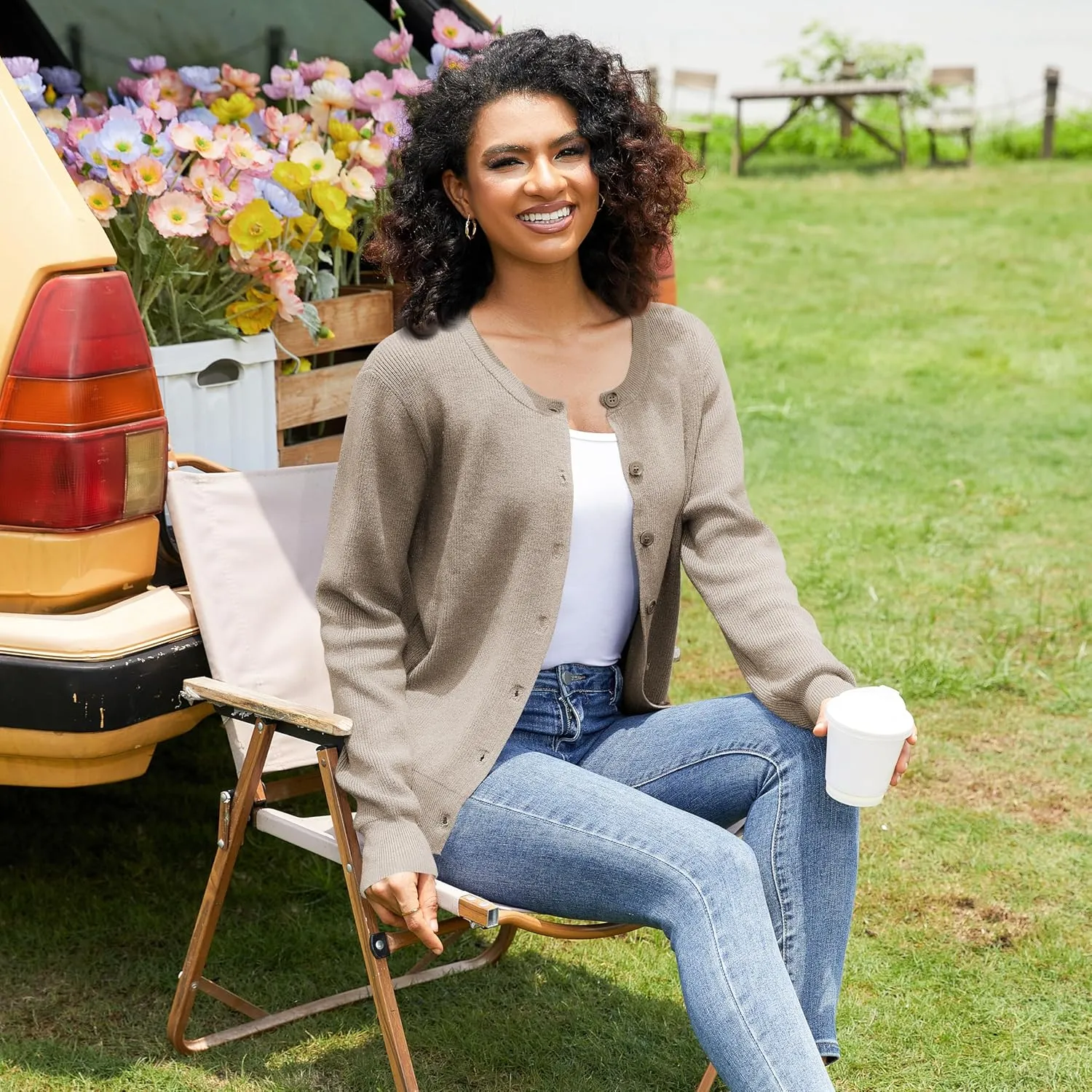 Women's Crew Neck Cardigan Button Down Long Sleeve Soft Knit Sweater Top Outwear Coat
