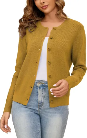 Women's Crew Neck Cardigan Button Down Long Sleeve Soft Knit Sweater Top Outwear Coat