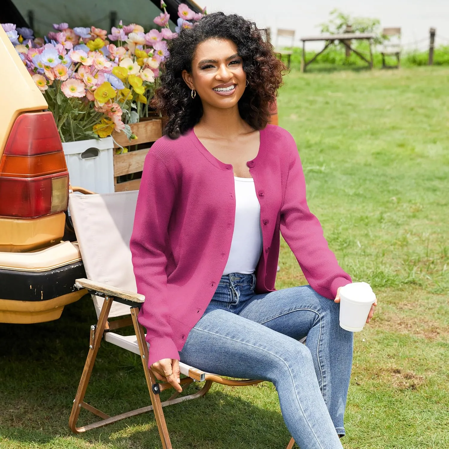 Women's Crew Neck Cardigan Button Down Long Sleeve Soft Knit Sweater Top Outwear Coat