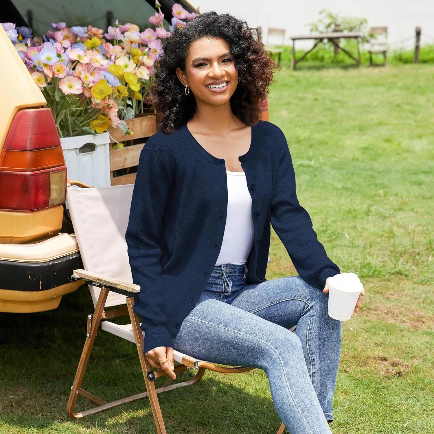 Women's Crew Neck Cardigan Button Down Long Sleeve Soft Knit Sweater Top Outwear Coat