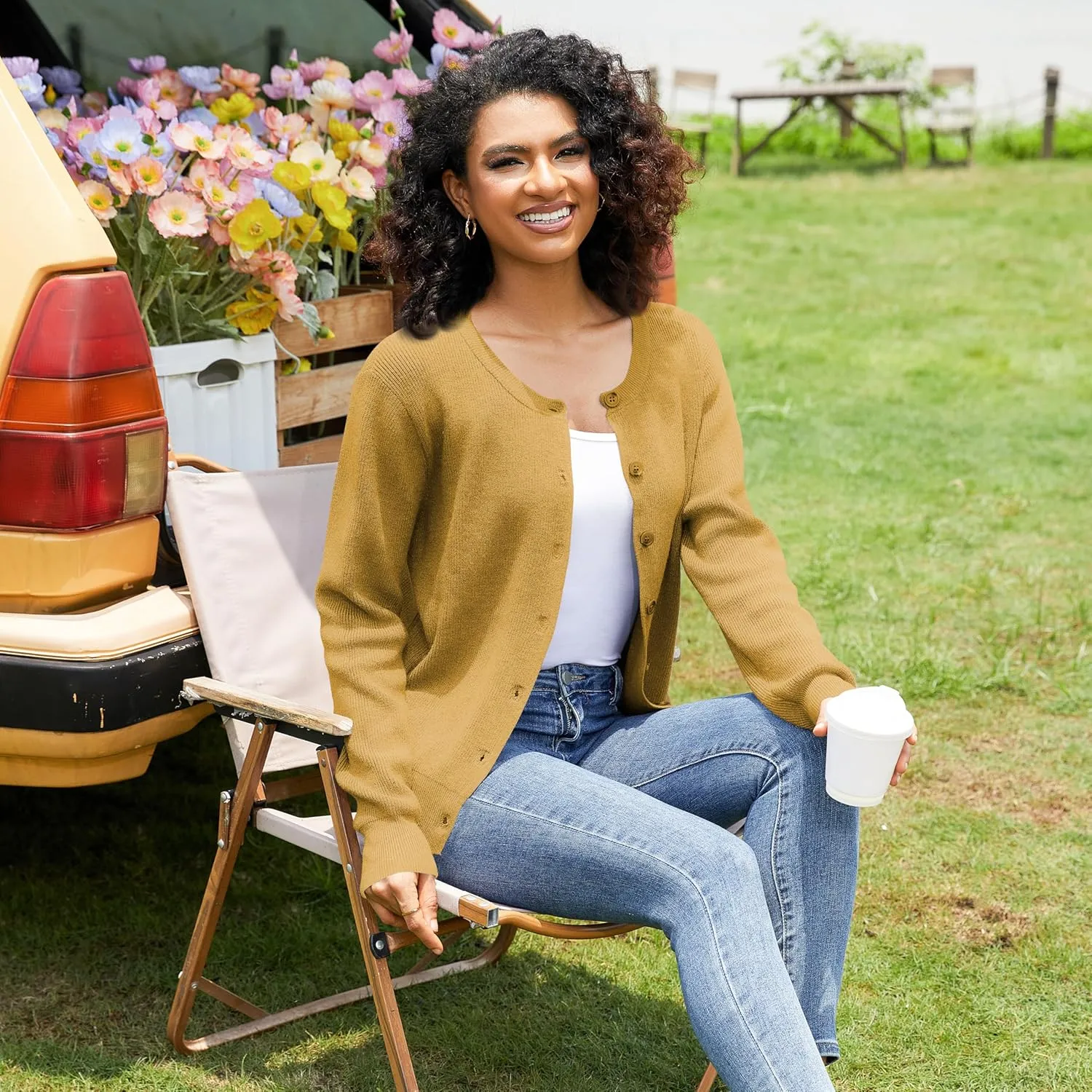 Women's Crew Neck Cardigan Button Down Long Sleeve Soft Knit Sweater Top Outwear Coat