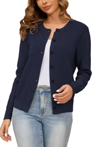 Women's Crew Neck Cardigan Button Down Long Sleeve Soft Knit Sweater Top Outwear Coat