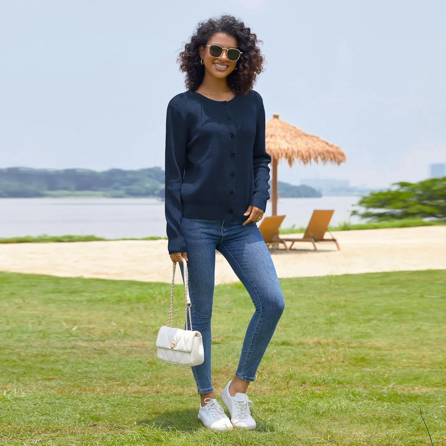 Women's Crew Neck Cardigan Button Down Long Sleeve Soft Knit Sweater Top Outwear Coat