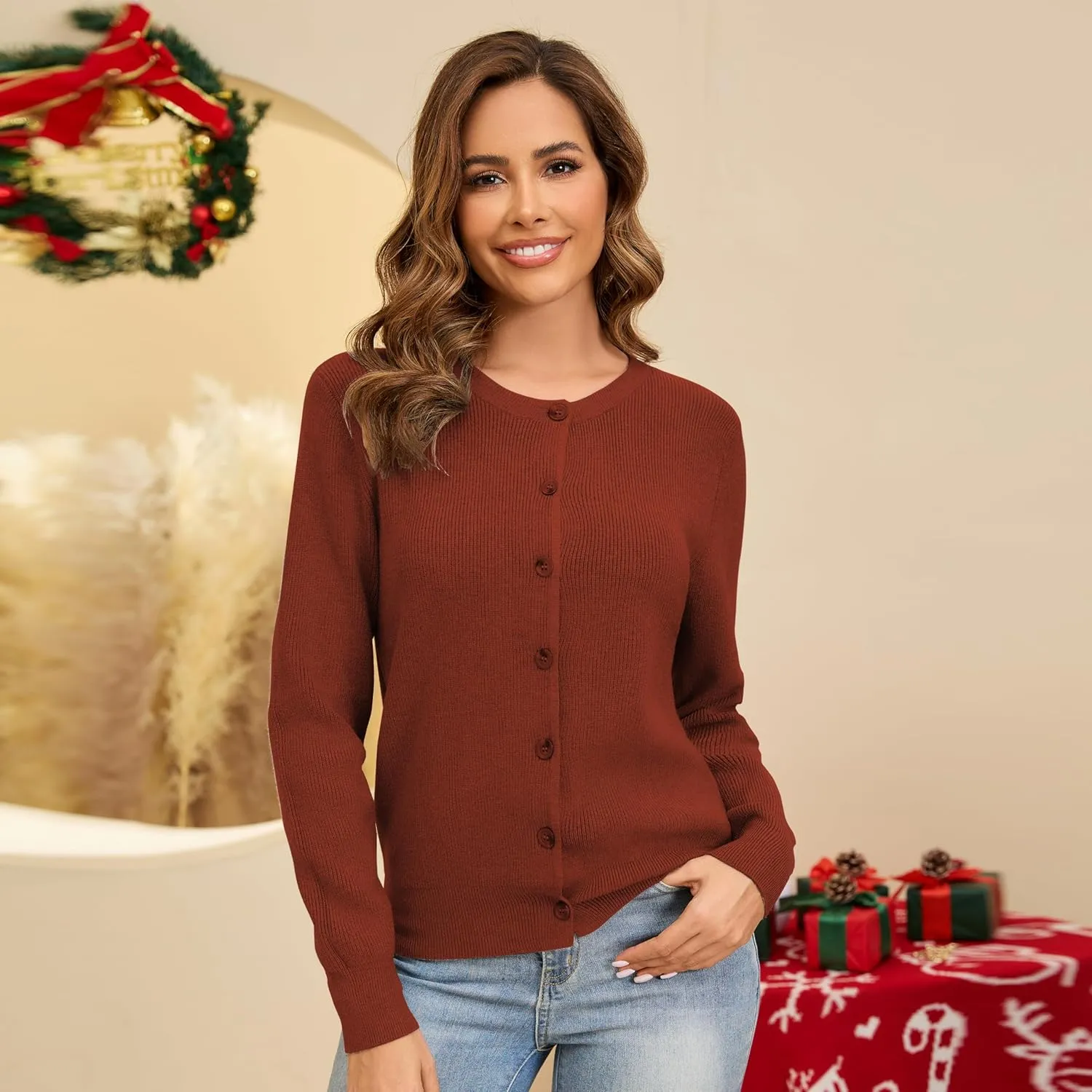 Women's Crew Neck Cardigan Button Down Long Sleeve Soft Knit Sweater Top Outwear Coat