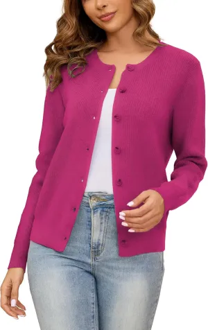 Women's Crew Neck Cardigan Button Down Long Sleeve Soft Knit Sweater Top Outwear Coat