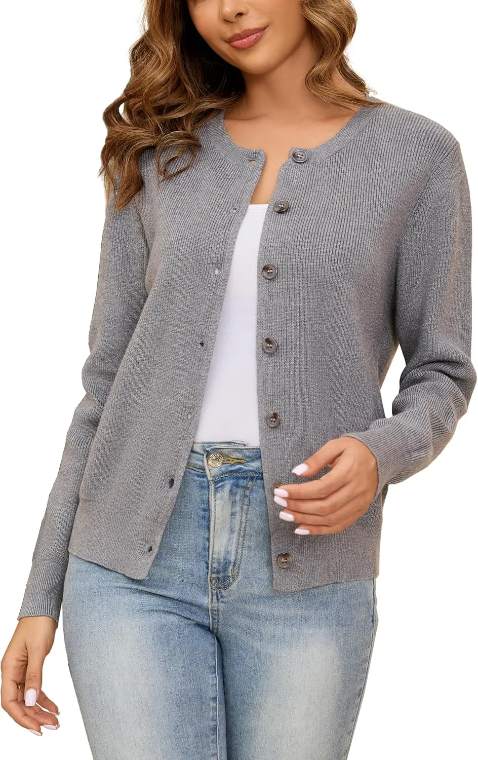 Women's Crew Neck Cardigan Button Down Long Sleeve Soft Knit Sweater Top Outwear Coat