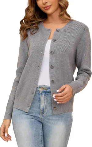 Women's Crew Neck Cardigan Button Down Long Sleeve Soft Knit Sweater Top Outwear Coat