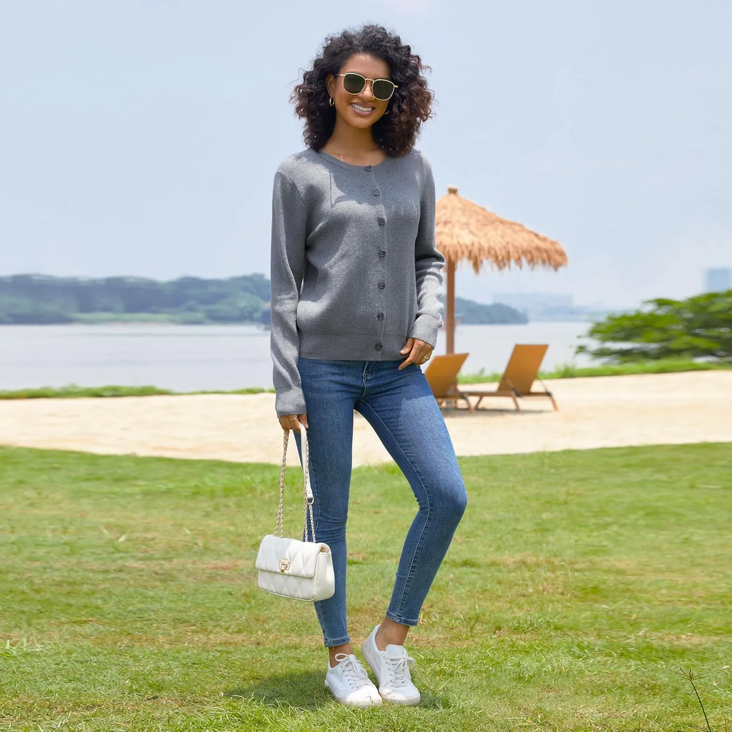 Women's Crew Neck Cardigan Button Down Long Sleeve Soft Knit Sweater Top Outwear Coat