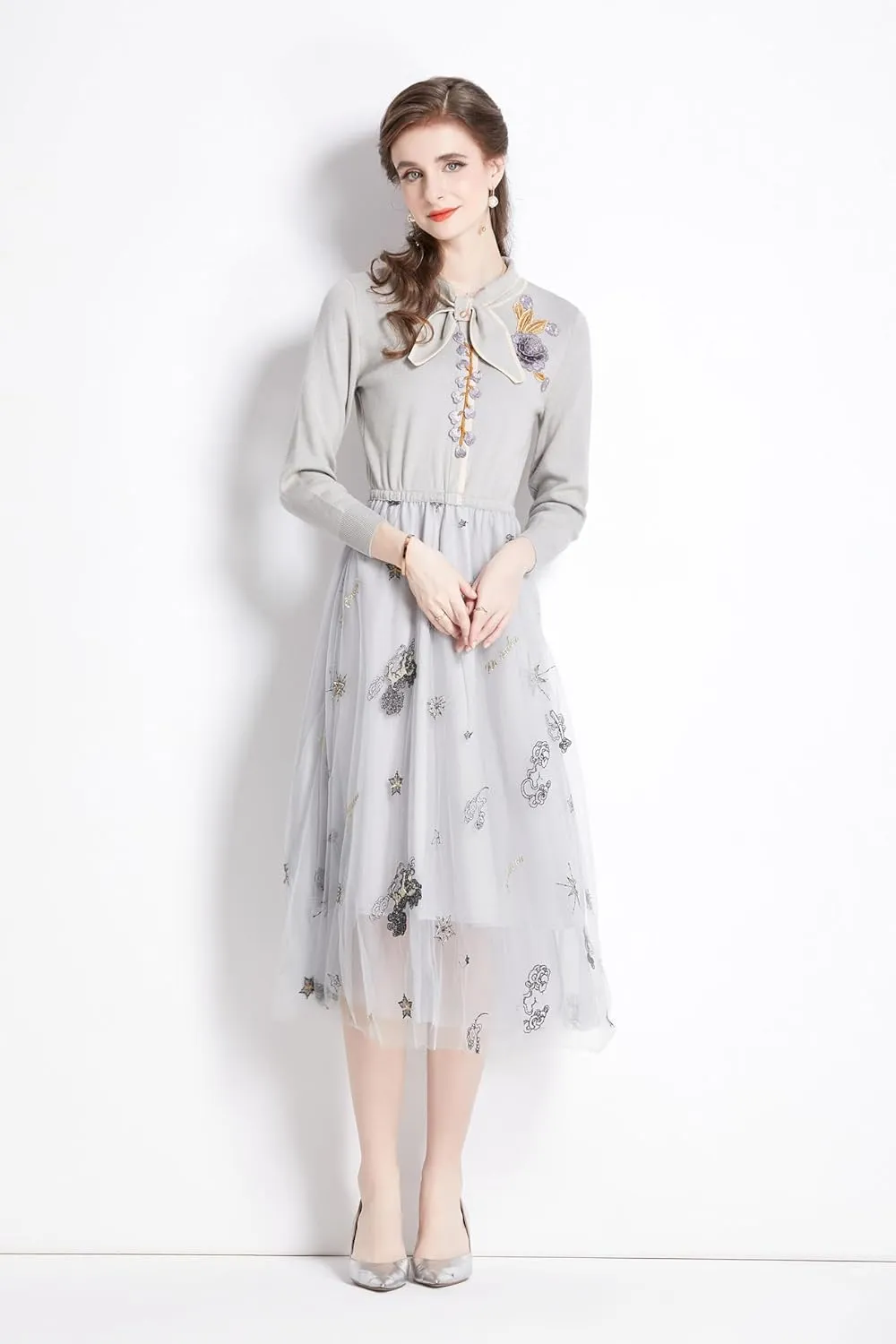 Women's Crewneck Embroidered Sweater Knit Tops Mesh Pleated Skirt Long Sleeve Midi Dress