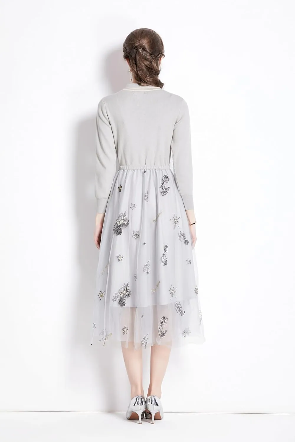 Women's Crewneck Embroidered Sweater Knit Tops Mesh Pleated Skirt Long Sleeve Midi Dress