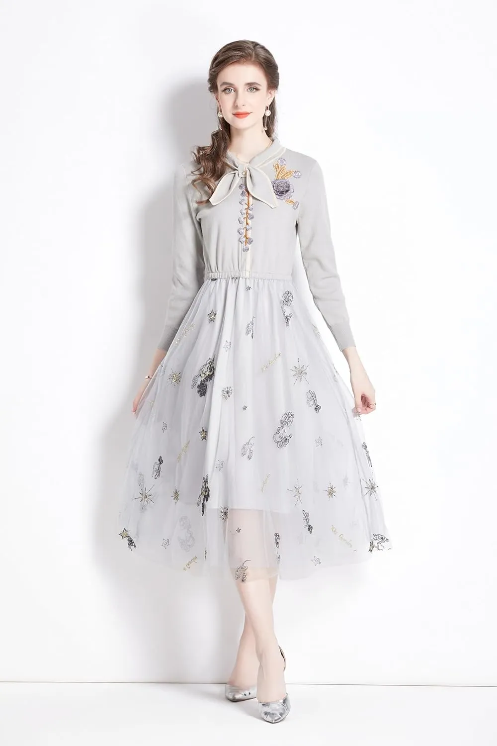 Women's Crewneck Embroidered Sweater Knit Tops Mesh Pleated Skirt Long Sleeve Midi Dress